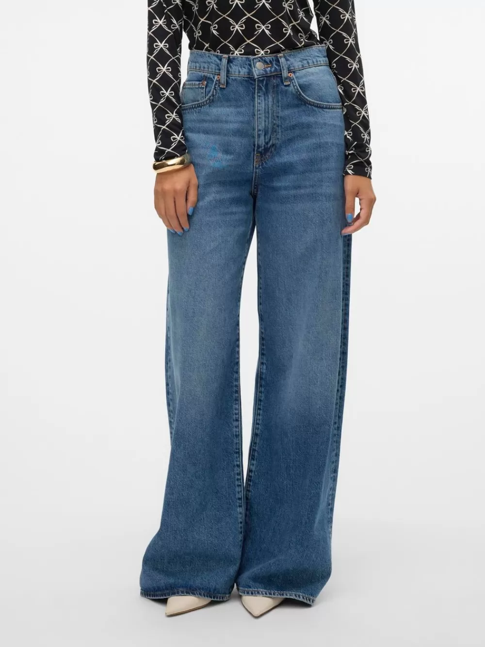 VERO MODA VMELINA Erittäin korkea vyötärö Wide leg fit Farkut Medium Blue Denim Discount