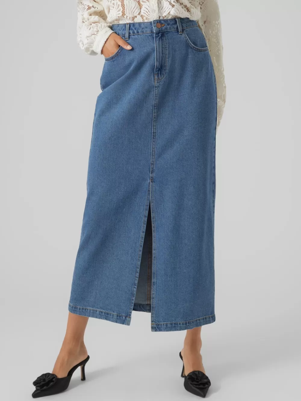 VERO MODA VMJUST Korkea vyötärö Pitkä hame Medium Blue Denim Hot