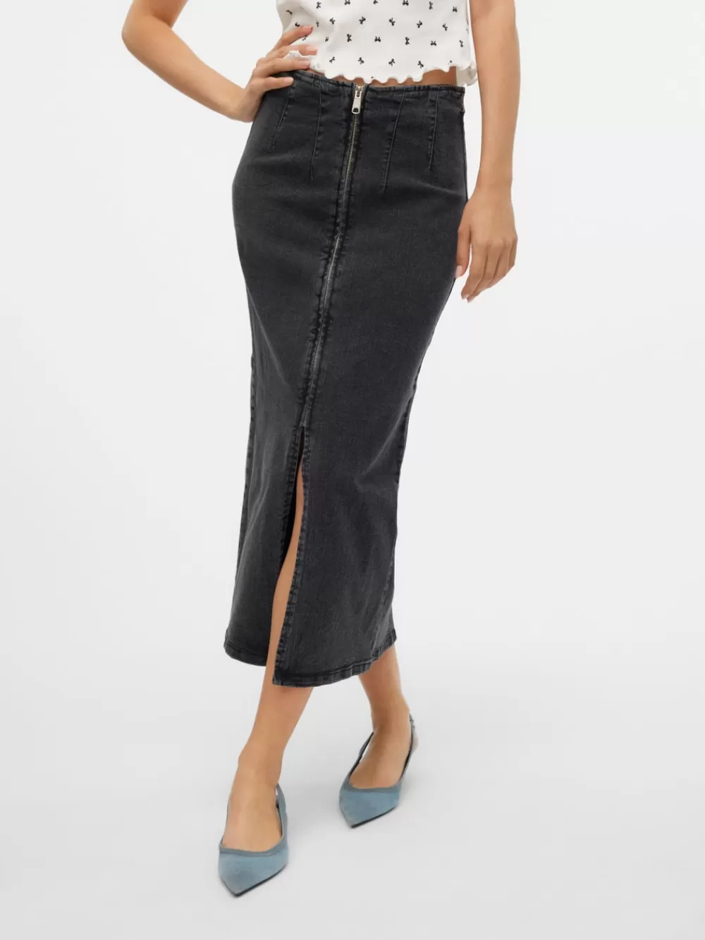 VERO MODA VMMONIC Korkea vyötärö Midihame Dark Grey Denim Best