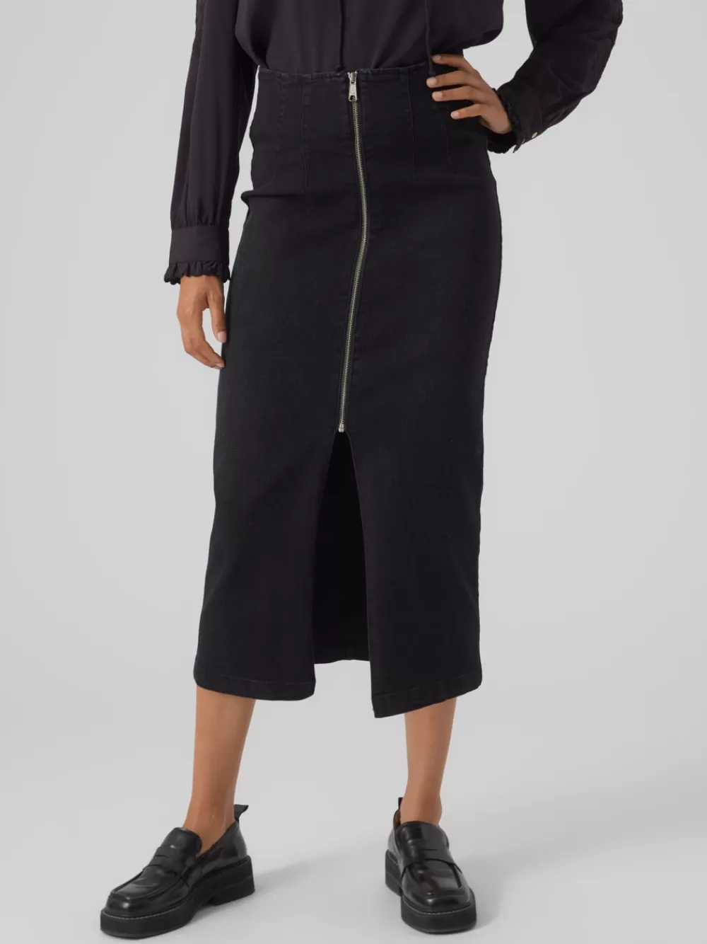 VERO MODA VMMONIC Korkea vyötärö Pitkä hame Black Denim Clearance